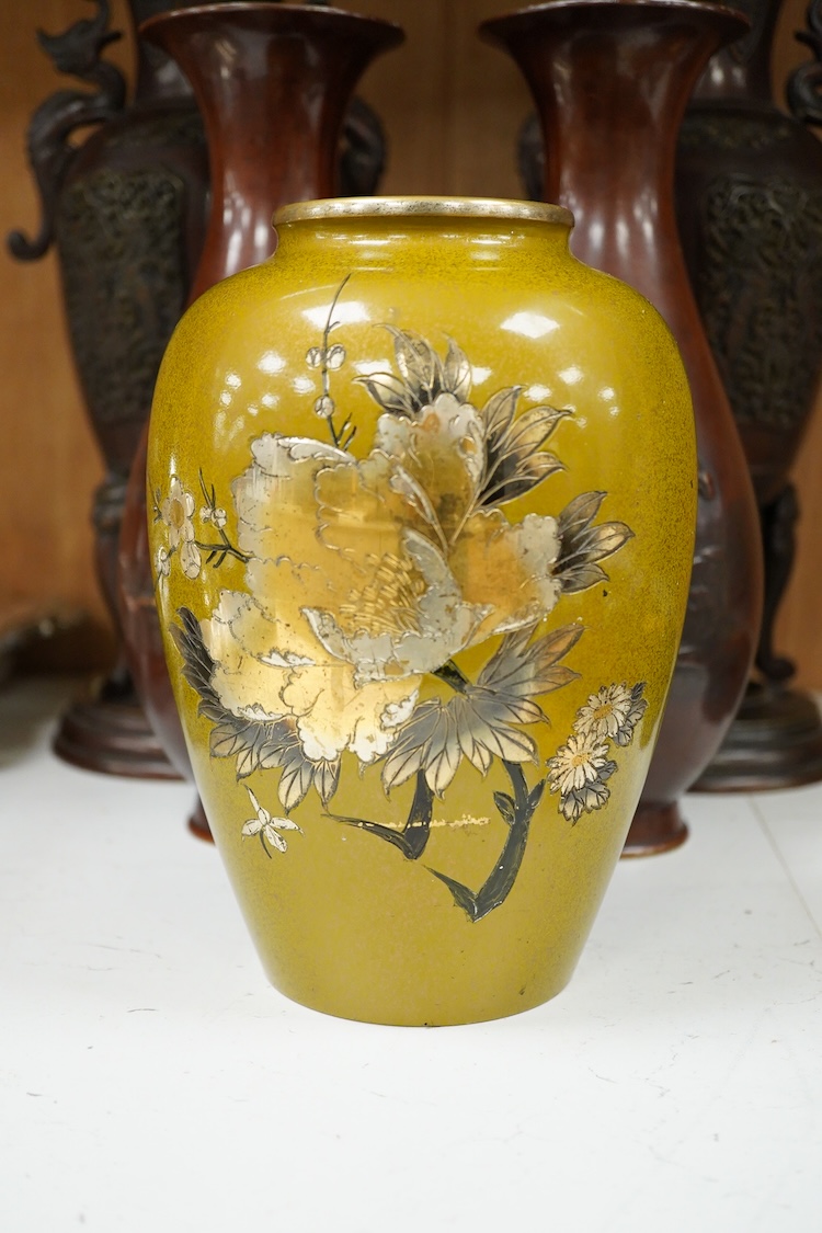 Two pairs of Japanese bronze vases, Meiji period and another, later example, largest 35cm high